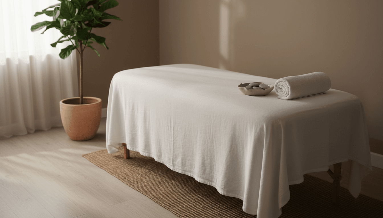 Serene wellness treatment room with soft lighting and white linens