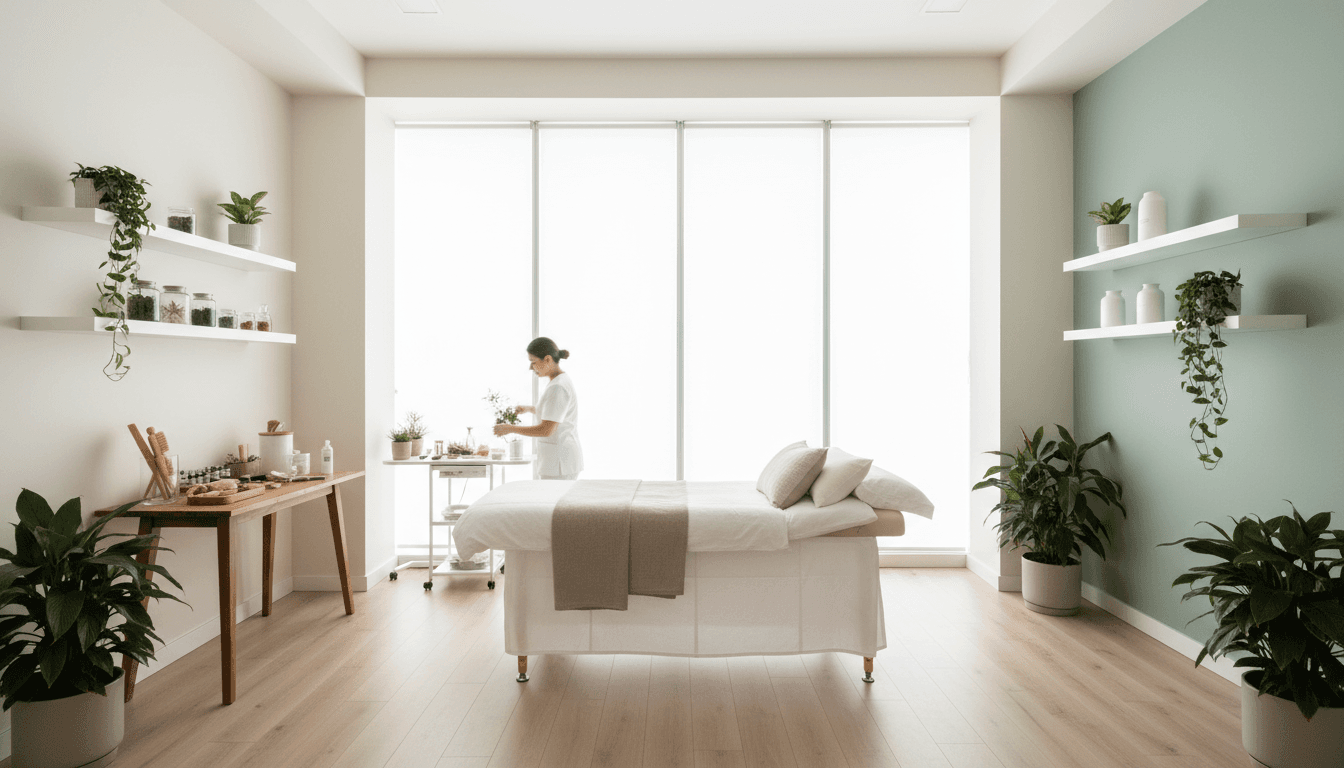 Bright, minimalist modern wellness clinic treatment room with natural light, plants, and professional therapeutic setup