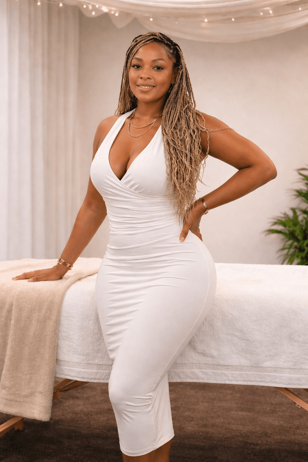 Smiling woman with long blonde braids wearing a white dress beside a massage table.